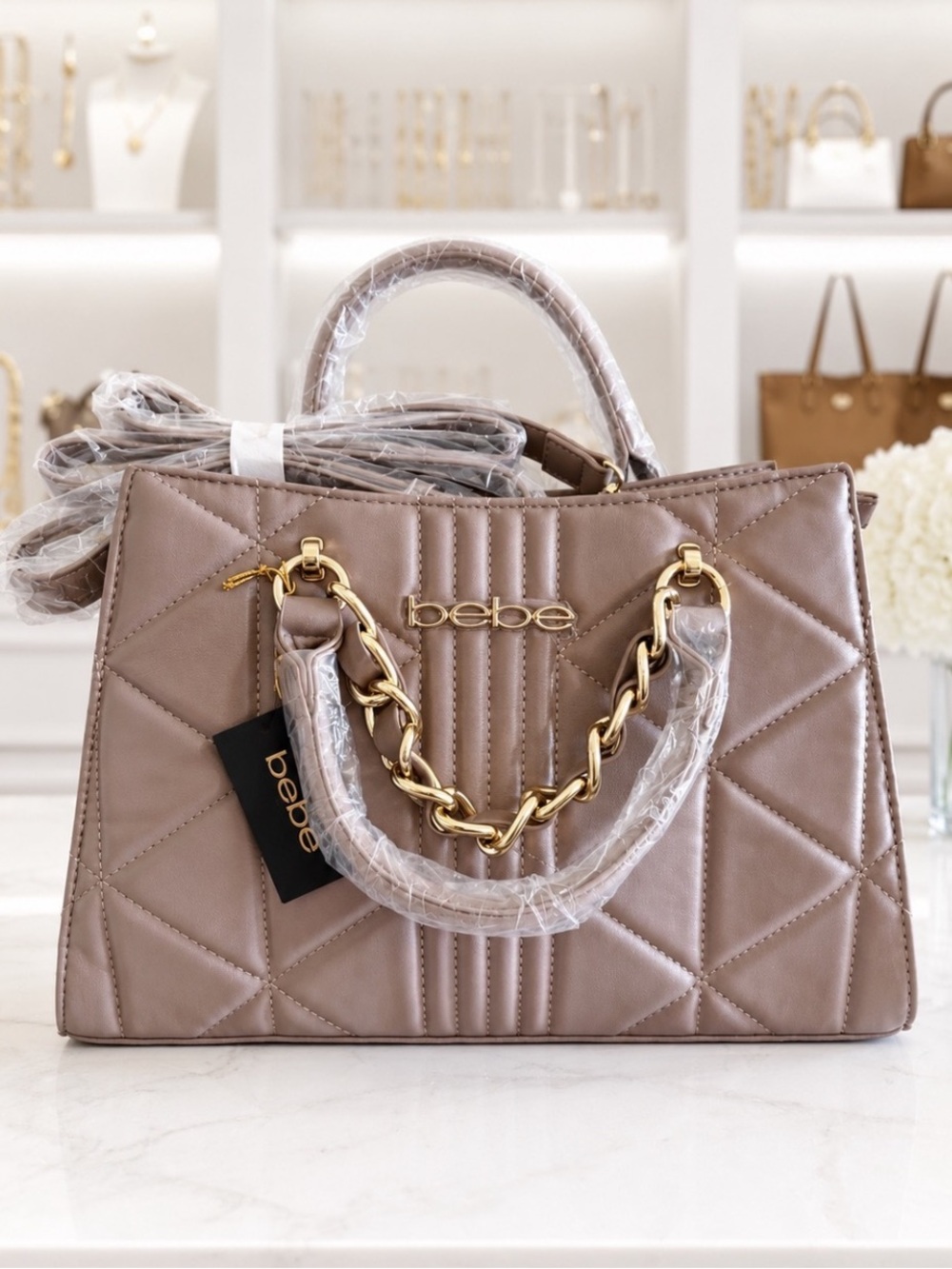bebe Quilted Satchel in Taupe with Gold Chain